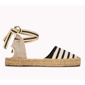 Soludos D'Orsay Espadrilles Flats Tan Black Stripes Canvas Slip-On Shoes Sz 8.5
